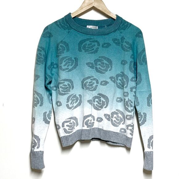 Kinross Cashmere Dip Dyed Blue Rose Print Crew neck Sweater Womens Sz M - Picture 1 of 6